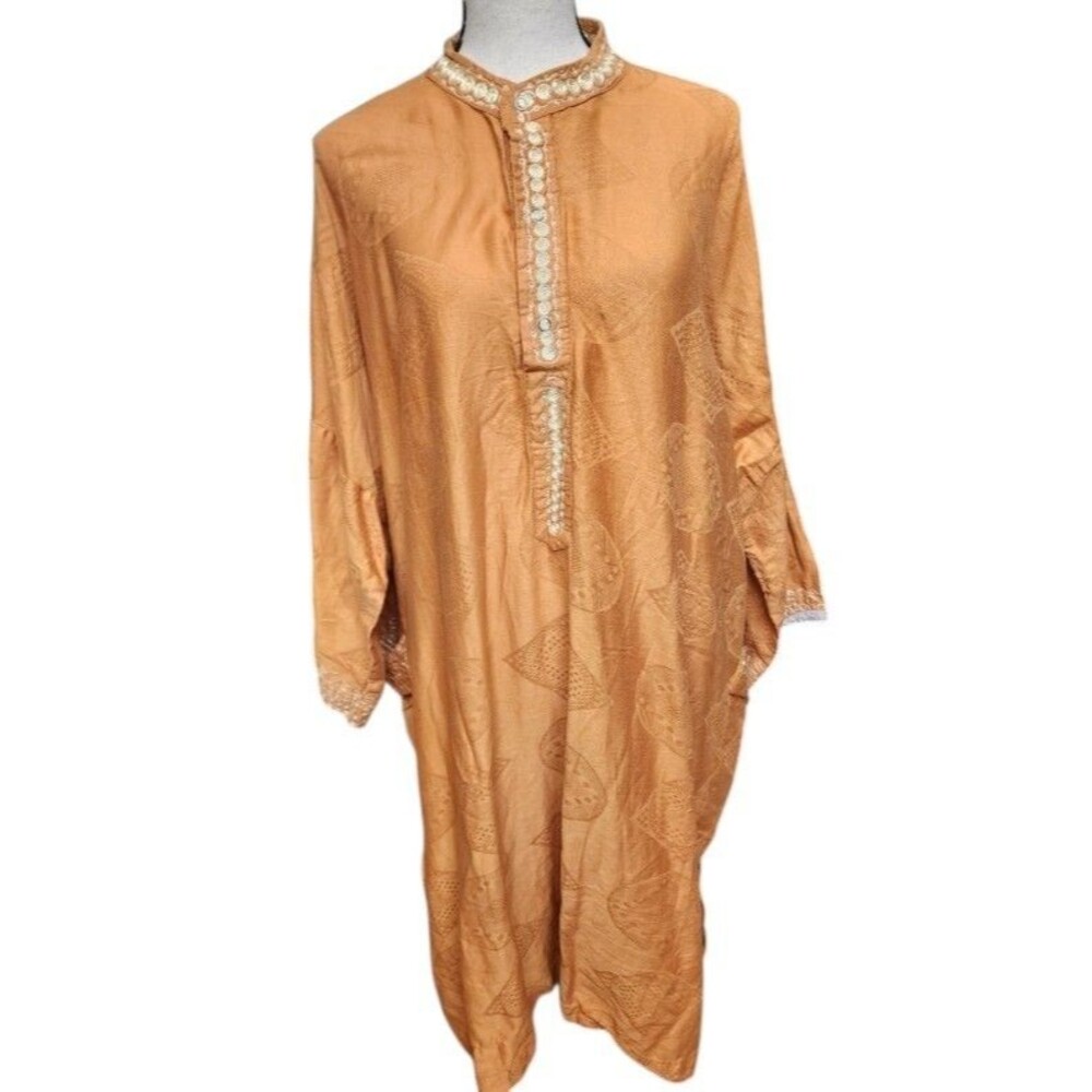 Gold Moroccan Thobe Silk Blend Side Pockets Oversized Embroidered Size 2X Ethnic